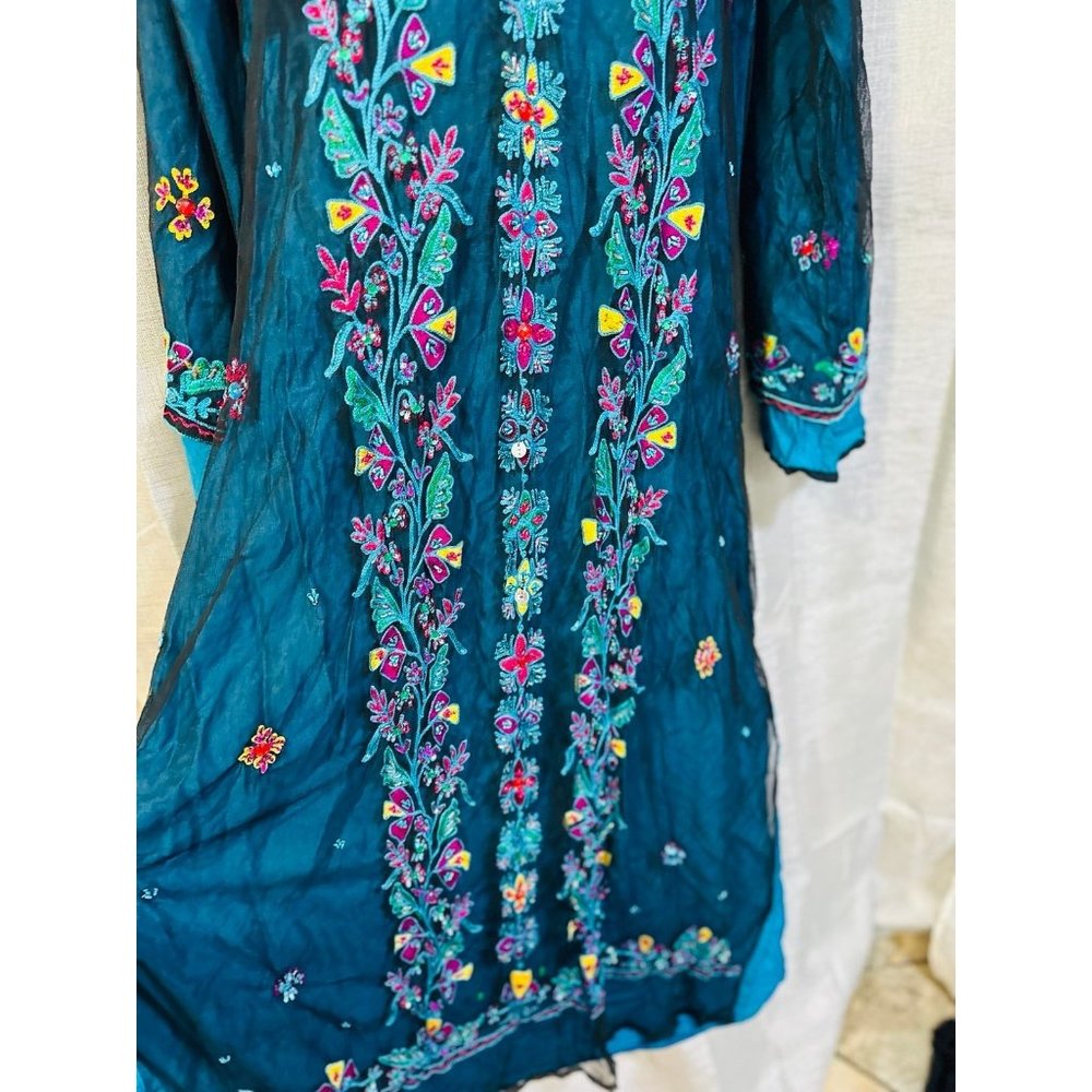 Dress gown maxi abaya turquoise green blue embroidered boho fashion - Picture 7 of 12